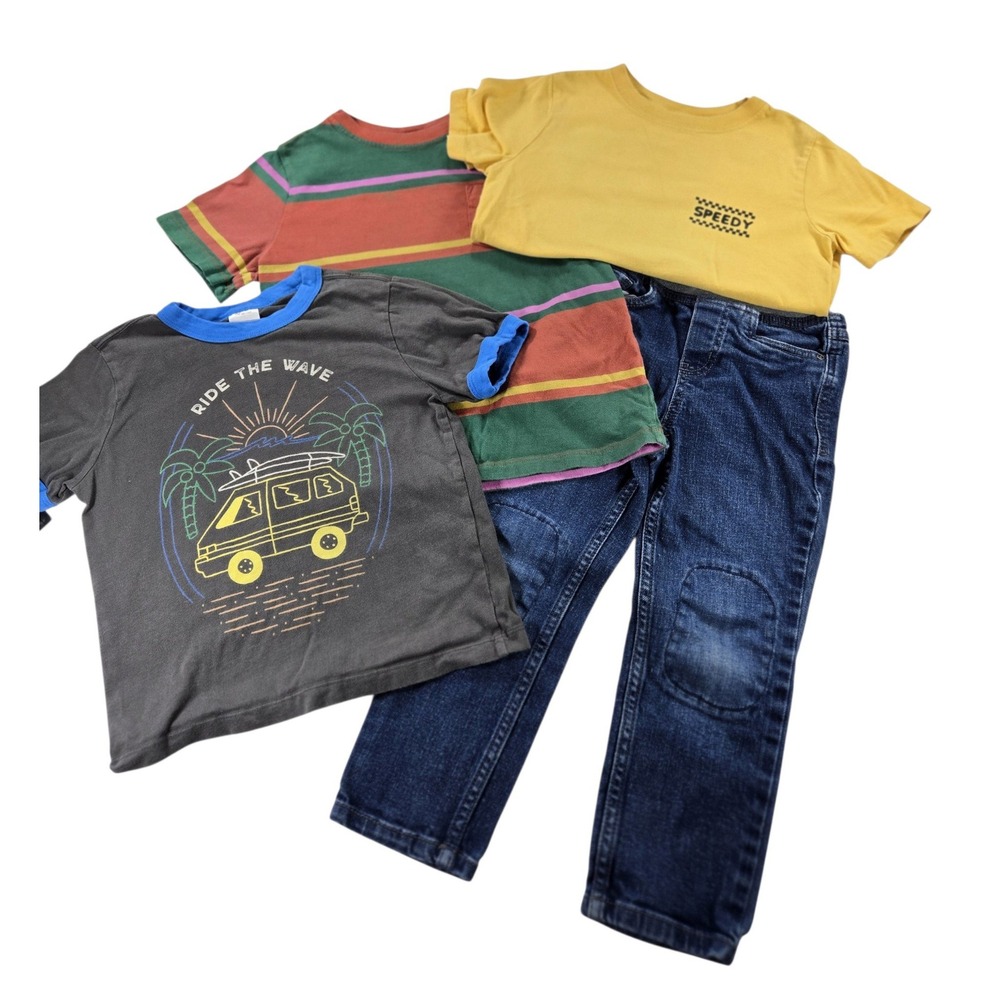 Hanna Andersson Boys Size 5 Lot 4pc Graphic Tees & Denim Double Knee Jeans